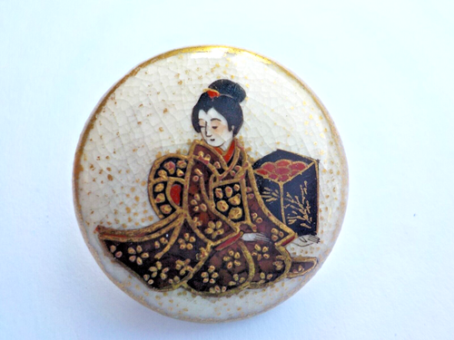 Antique Ceramic Satsuma Button Kimono Attired Woman-Gold Dots-Back Mark-As Is