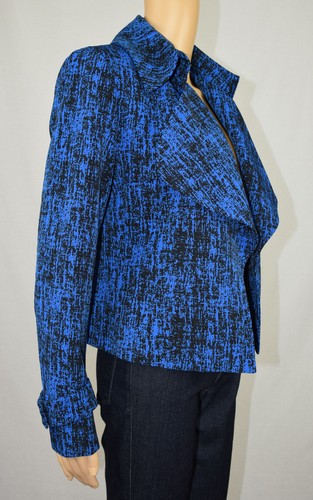 Anne Klein Blue Black Notched Collar Printed Jacquard Short Trench Jacket 4 - Picture 5 of 7