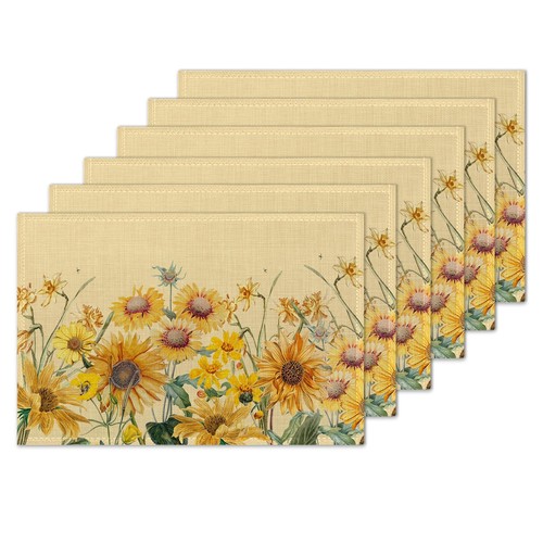 Retro Yellow Sunflowers Placemats Set of 6 Washable Non-Slip Heat Resistant 1...
