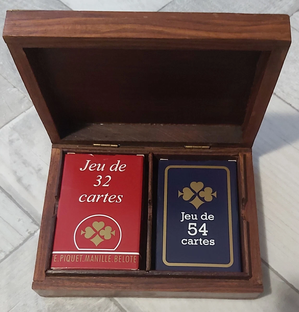 Ancienne Boîte à Jeux De Cartes - Cuir Et Bois - Bon état
