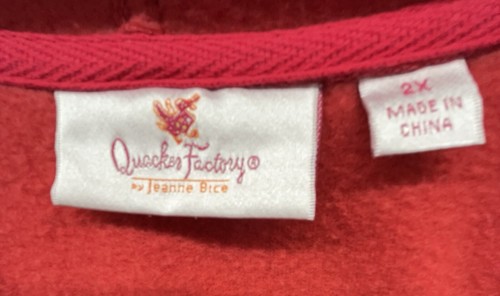 Quacker Factory Fleece Hoodie 2X Red Rhinestones Zip Pockets Cozy Lounge Jacket - Picture 8 of 11