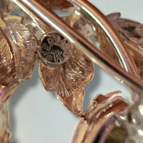 Sterling Silver Leaf Brooch Austrian Crystals Signed Tru-Kay Vintage 1950s Rare - Picture 2 of 10