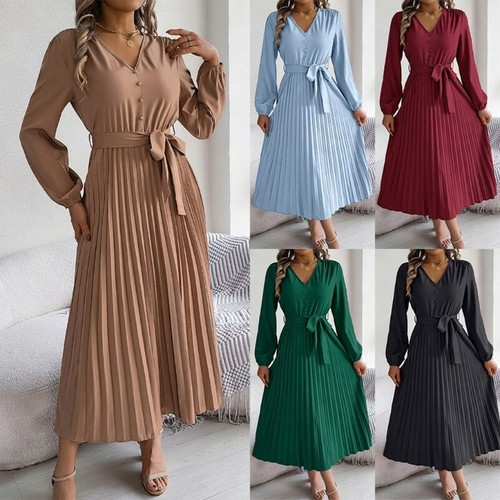 Women Stylish Puff Sleeve V Neck Button Front Long Dress with Pleats and Belt