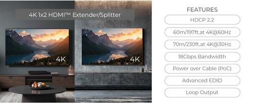 Divisor extensor HDMI OREI 1x2 4K 60Hz dos receptores sobre CAT6/7 4:4:4 HDCP 2.2 - Imagen 14 de 15