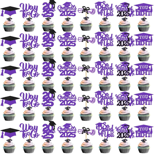 2025 Graduation Cupcake Toppers - 40pcs Blue & Silver Party Decorations - Picture 10 of 17