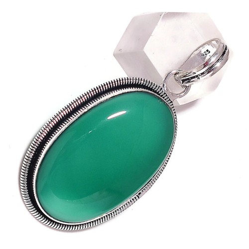 Russian Green Onyx Cabochon Oval Gemstone Silver Overlay Handmade Design Pendant - Picture 3 of 3