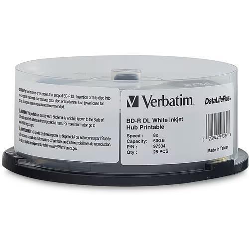 Verbatim 97334 25Pk BD-R DL 50GB 8X 25Pk White Inkjet PRINTABLE Spindle - Picture 1 of 3