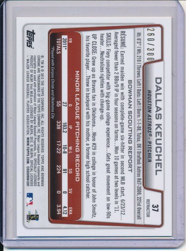 DALLAS KEUCHEL 2012 BOWMAN CHROME REFRACTOR ROOKIE CARD RC /300 WHITE SOX - Picture 2 of 2