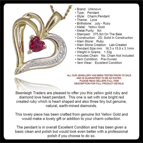 Yellow Gold RUBY & DIAMOND HEART PENDANT Guaranteed Genuine Real 9ct / 9k Gold - Picture 7 of 10