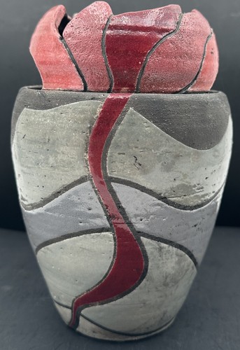 Laurie Sylwester Studio Art Pottery Raku Vase Cut Out Flower Design 1984 A - Picture 1 of 19