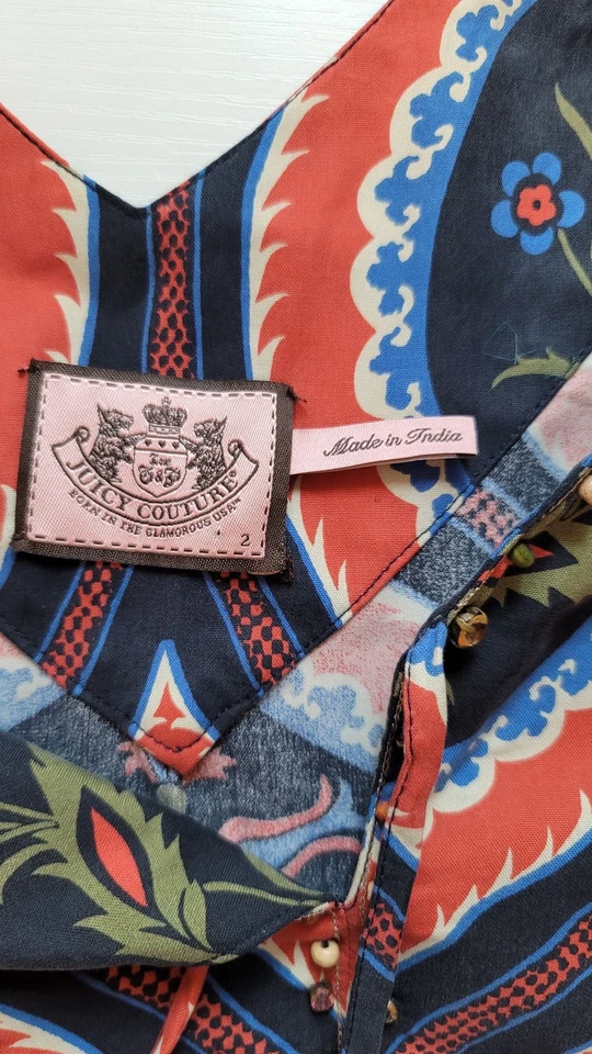 Juicy Couture 2 码菲比印花串珠多色丝绸束腰连衣裙 — 第 4/4 张图片