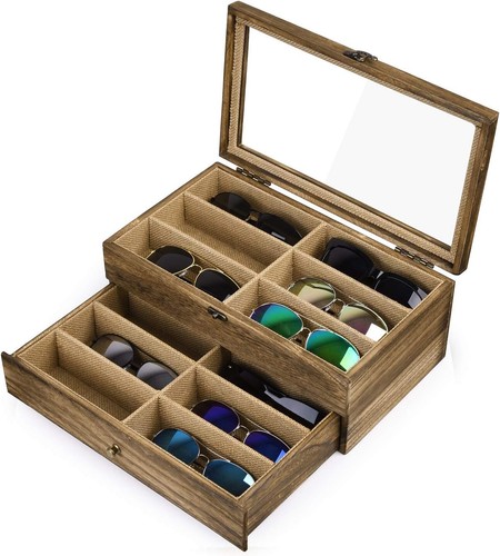 Wood Sunglasses Organizer 12 Slots Display Box with Glass Top for Gift - Picture 3 of 10