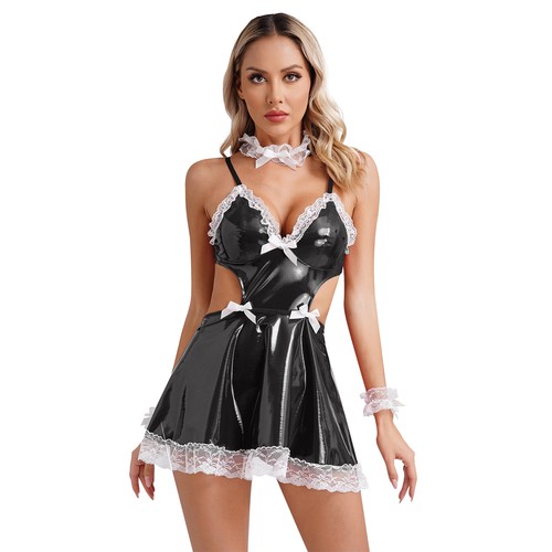 Women Sexy Maid Lingerie Cosplay Costume Wet Look Leather Backless Mini Dress - Bild 17 von 36