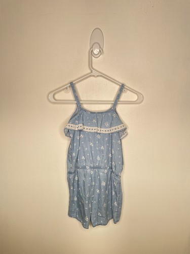 Cherokee Chambray Tank Romper Girls Size Medium 7-8 Ditzy Floral Light Wash - Picture 2 of 4