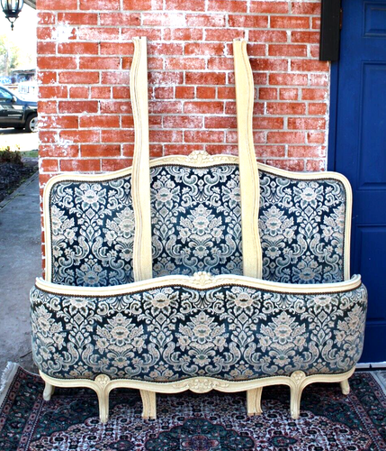 Antique French Louis XV Full Bed | Painted White Frame & Upholstered Floral - Picture 6 of 6