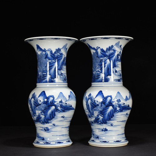 14.6" Old dynasty Porcelain kangxi mark pair Blue white landscape character vase - Picture 9 of 9
