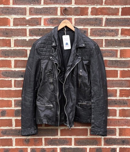 All Saints Mens REPLICA Leather Biker Jacket Large Moto Bomber Rock 4 - Picture 3 of 20