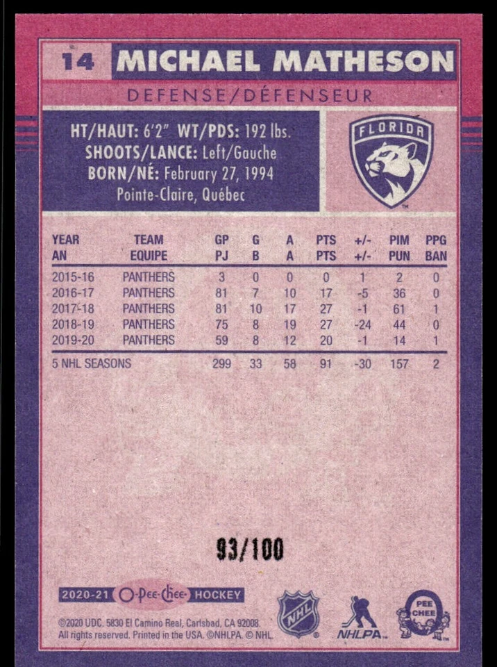 2020-21 O-Pee-Chee Retro Black Michael Matheson 93/100 Florida Panthers #14 R113 - Image 2 of 2