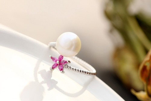 Anello In Perla Di Acqua Dolce Rosa Con Fiore In Argento Sterling 925 Regolabile - Imagen 2 de 10