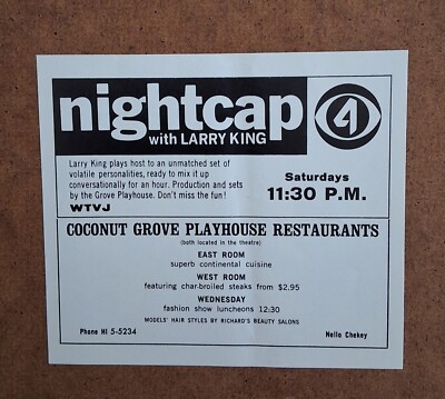 Vintage Coconut Grove FL - WTVJ - CH 4 - Nightcap with Larry King - 1966 Art AD