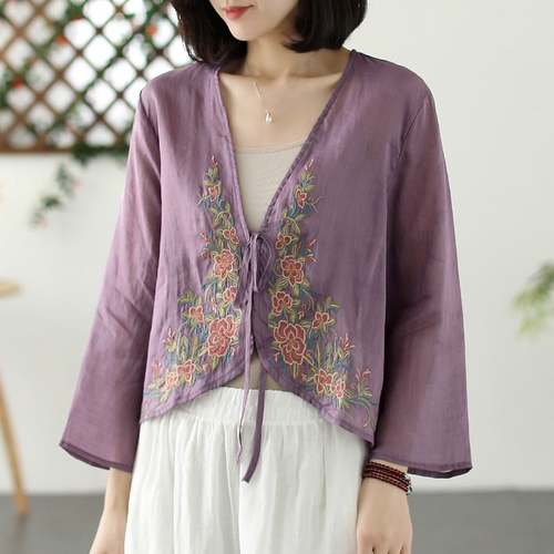 Camisa étnica para dama bordada floral corbata abierta manga 3/4 blusa china Hanfu Top - Imagen 9 de 16