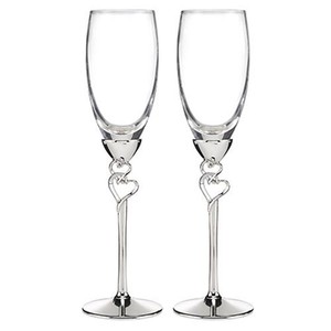 Silver Double Heart Wedding Toasting Glass Champagne Flutes