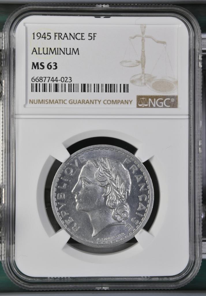 France 5 Francs 1945 Aluminum NGC MS 63