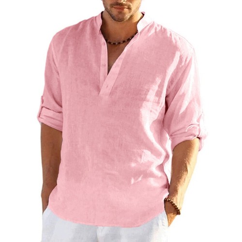T-shirt a maniche lunghe in lino da uomo nuova tinta unita camicia casual traspi - Foto 9 di 67