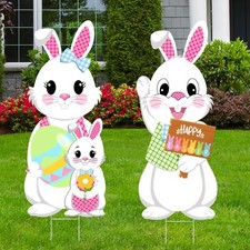 35in Easter Yard Decorations Bunny Family and Egg Sign Stakes white