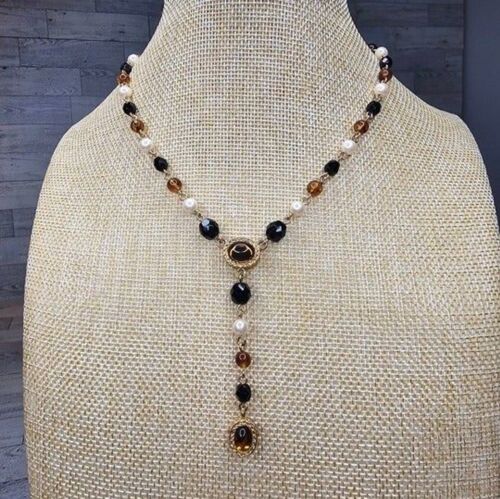 Vintage Monet Lariat Beaded Gold Tone Necklace, 14.5"L + 2"Ext. - Picture 2 of 6