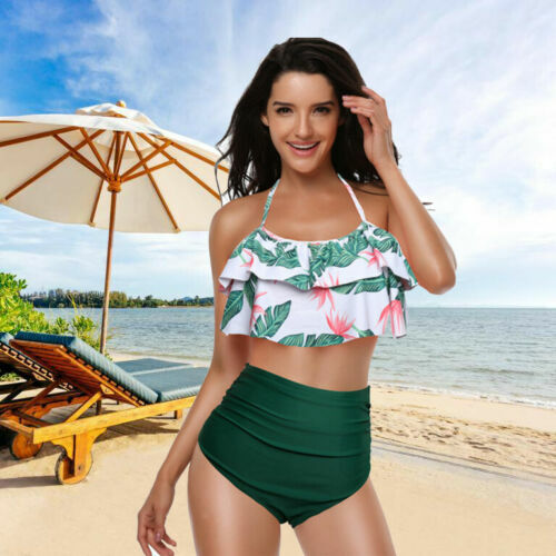Sexy Women High Waist Swimwear Ruffle Vintage Bikini Set Halter Bandage Swimsuit - Picture 3 of 37