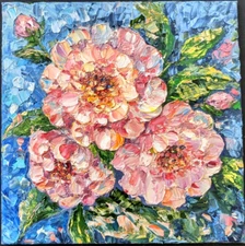 ORIGINAL OIL Painting "PEONY PINK FLOWERS"  impasto 8"x8" by Olga Diduh.