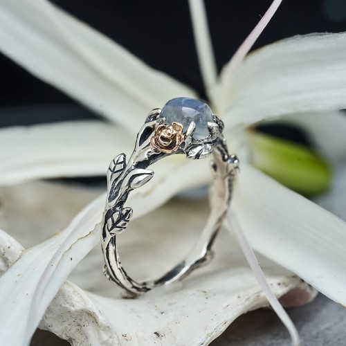 Rainbow Moonstone 925 Sterling Silver Dainty Twig Floral Engagement Ring For Her - Picture 2 of 10