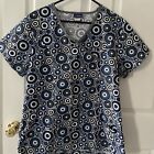 Liberty Scubs Adult Sz Lg Scrub Top White With Blue Grey White Black Polka-dots