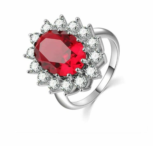 4Ct Oval Lab Created Red Ruby & Diamond Engagement Ring 14K White Gold Plated - Picture 5 of 8