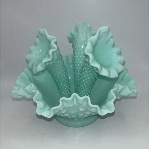 Fenton Light Green/Aqua Hobnail Milk Glass Vase/Epergne