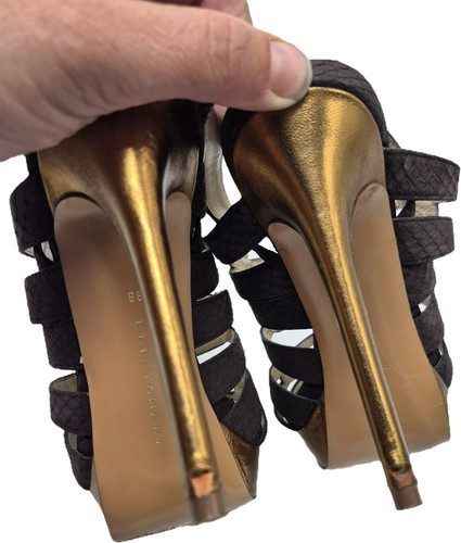 Elie Tahari Meredith Keilabsatz Wildleder Riemchen Absatz Sandalen braun gold Damen 8 38 - Bild 6 von 9