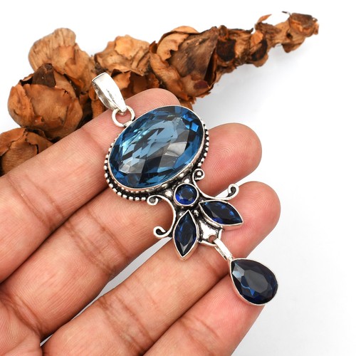 Blue Topaz Gemstone 925 Sterling Silver Handmade Pendant Jewelry Gift SP-161 - Picture 4 of 4