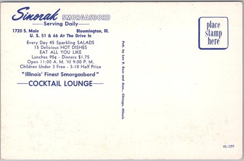 Springfield Ill. / ROUTE 66 Postcard SINORAK SMORGASBORD Drive-In Movie Screen - Picture 2 of 2