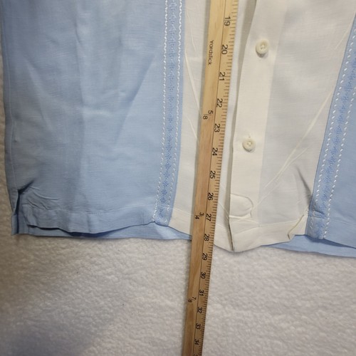 Cubavera Shirt Blue White Linen Rayon Button Up Embroidered Bowling Men Medium - Picture 7 of 9