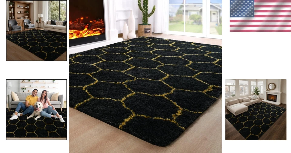 优雅的 5x8 Shag 小地毯黑色和金色 - 柔软耐用无脱落设计 — 第 2/4 张图片