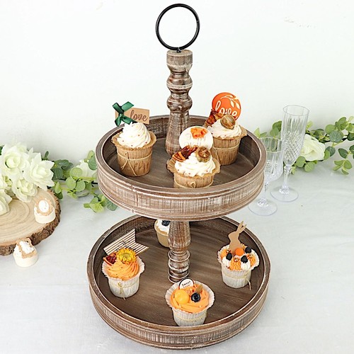 Brown 20" Round 2 Tier Wooden Cupcake Stand Dessert Serving Tray Party Events - Picture 6 of 9