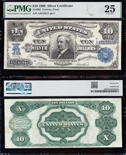 VERY NICE *RARE* Bold & Crisp VF+ 1908 $10 "TOMBSTONE" Silver Cert.! PMG 25! - Picture 1 of 3