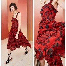 ULLA JOHNSON Midi Sun Dress Poppy Floral Ruffle Pockets Cotton 4 Square Neck Red