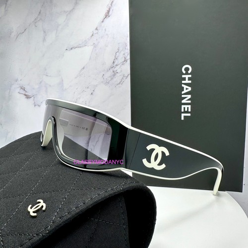 New CHANEL Sunglasses Black White Shield Runway CC Logo Limited Authentic Italy - Picture 7 of 22