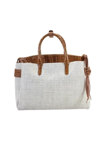 Nancy Gonzalez Womens Genuine Crocodile Canvas Textured Tote Bag Beige - Imagen 1 de 6