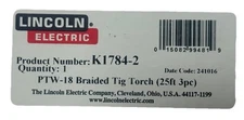 Lincoln Electric K1784-2 Pro-Torch PTW-18 Braided TIG Torch, Rigid, 25 ft, 3pc.