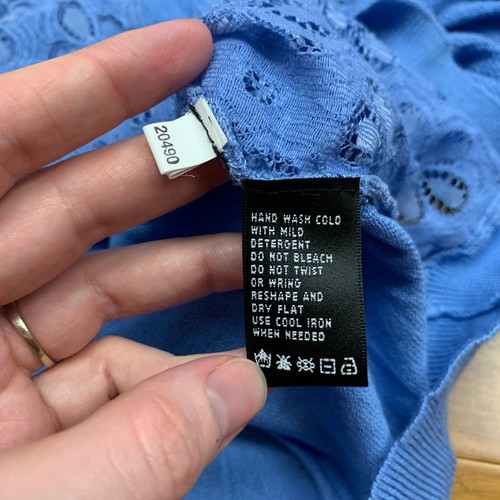 August Seide blau Glocke Blumen Spitze Strick Cardigan Damen Größe Large Zierlicher Pullover - Bild 6 von 6