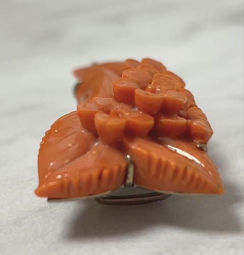 Japanese Traditional Brooch Natural Coral Obidome Plant Motif Kimono Vintage - Picture 6 of 8