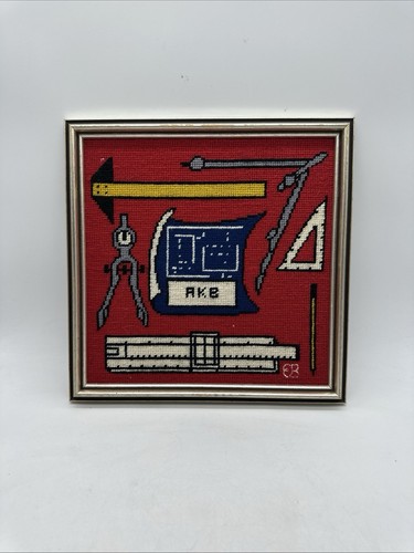 Vtg Folk Art Needlepoint Tools Handyman Cross Stitch Framed Mancave Hammer Red - Picture 1 of 10
